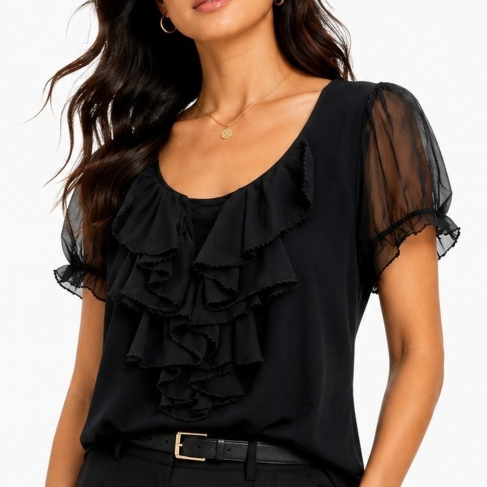 White House Black Market Black Witchy Ruffle V-Neck Top Sheer Puff Sleeve S
